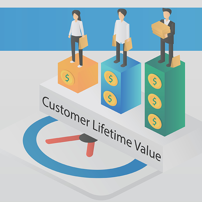 Business dashboard illustrating customer lifetime value metrics with charts, dollar signs, and user engagement icons LTV