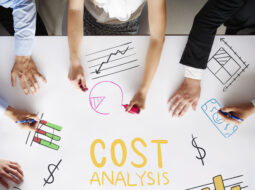 Stylized business dashboard displaying customer acquisition cost CAC metrics with graphs, dollar signs, and user icons