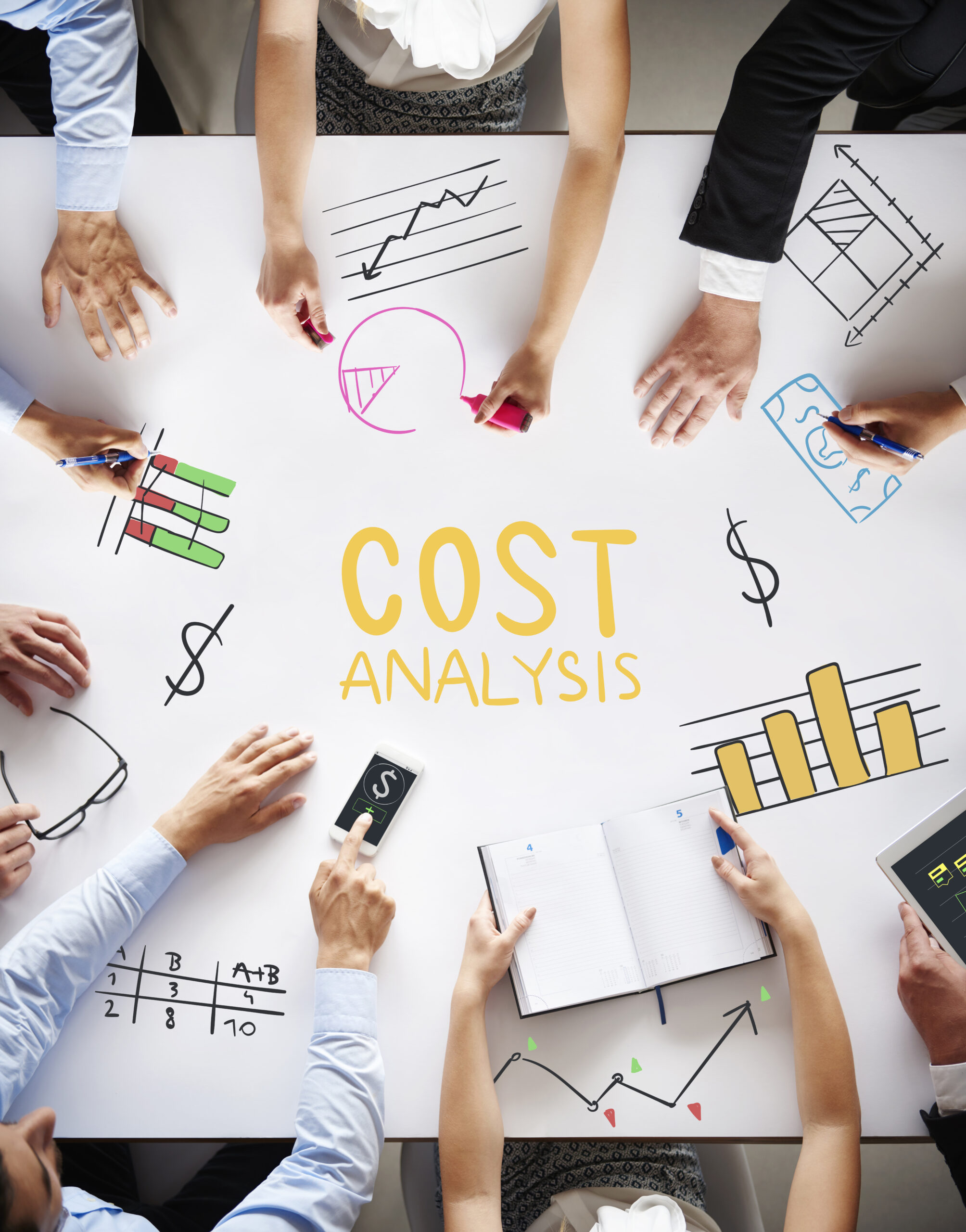 Stylized business dashboard displaying customer acquisition cost CAC metrics with graphs, dollar signs, and user icons