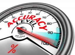 A scientific dial with hashmarks from 30 to 100 with the words accuracy level indicating a measure of forecast accuracy