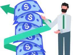Businessperson gesturing toward a vertical spiral of dollar bills wrapped around a green ribbon, symbolizing financial growth, investment, and upward cash flow momentum.
