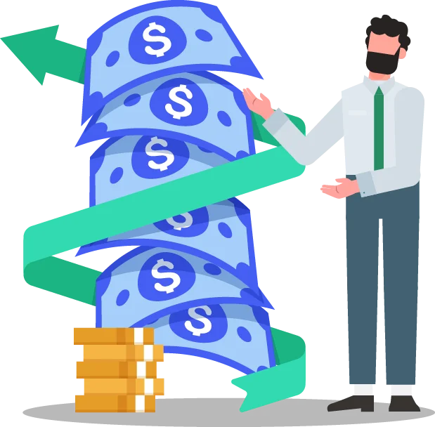 Businessperson gesturing toward a vertical spiral of dollar bills wrapped around a green ribbon, symbolizing financial growth, investment, and upward cash flow momentum.
