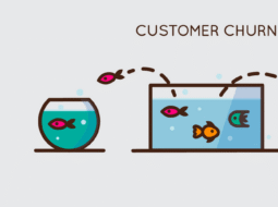 Illustration of customer churn showing fish jumping from a small bowl to a larger tank, then onto a dry surface, symbolizing customer loss and retention challenges.