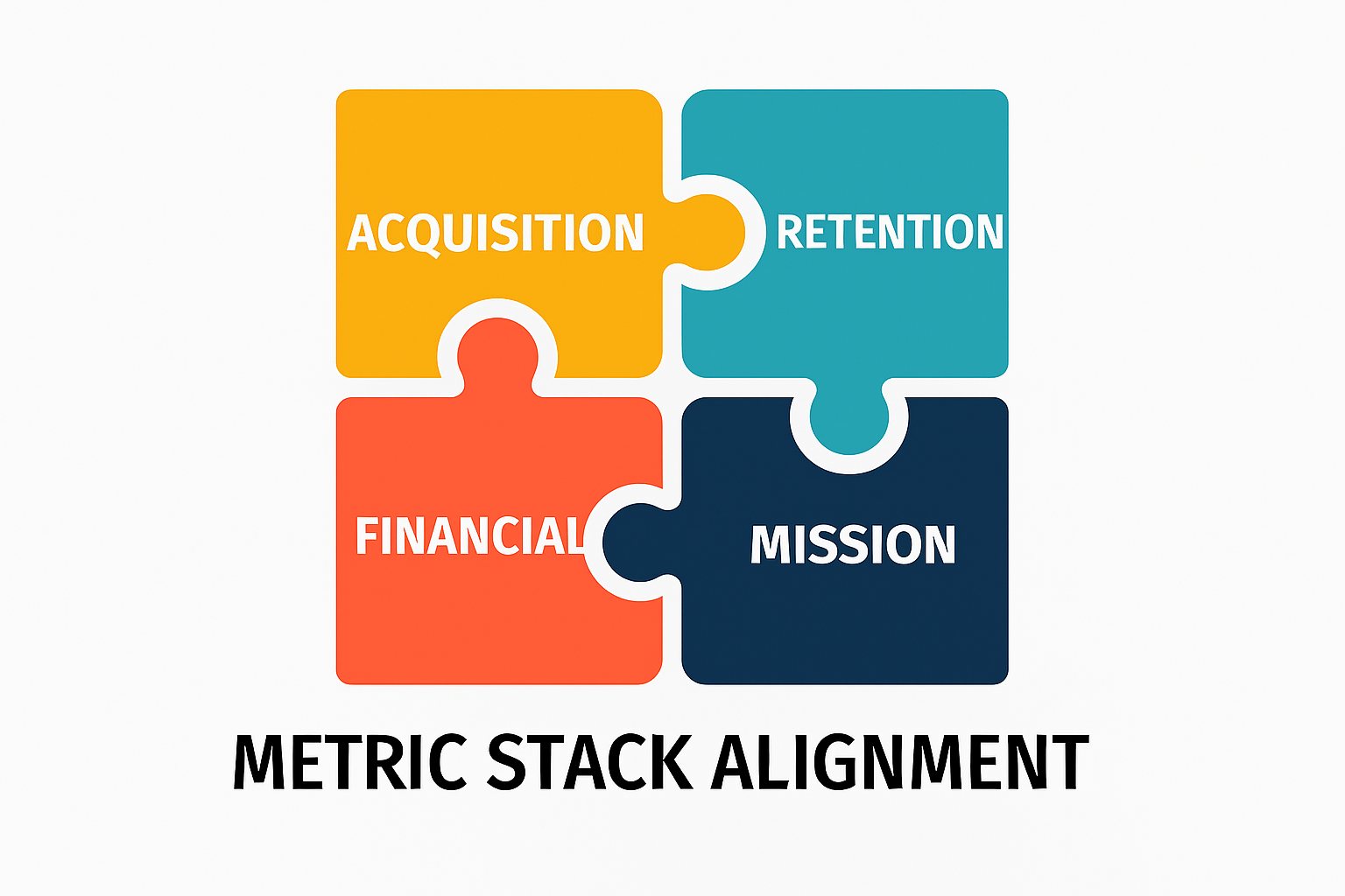 Four interlocking puzzle pieces labeled Acquisition, Retention, Financial, and Mission, forming a square to symbolize strategic metric stack alignment.