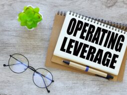 glasses and a plant on a desk next to a notebook with the words Operating leverage spelled out in black block letters