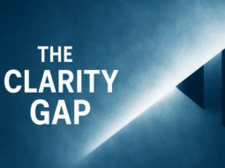 Blue background with the words "The Clarity Gap" in white letters