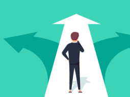 person standing at the start of an arrow that breaks right, left or straight. it symbolizes decision latency.