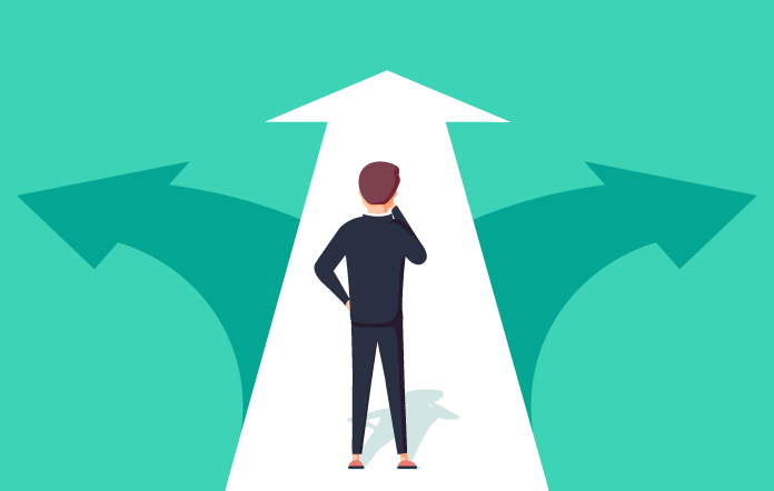 person standing at the start of an arrow that breaks right, left or straight. it symbolizes decision latency.